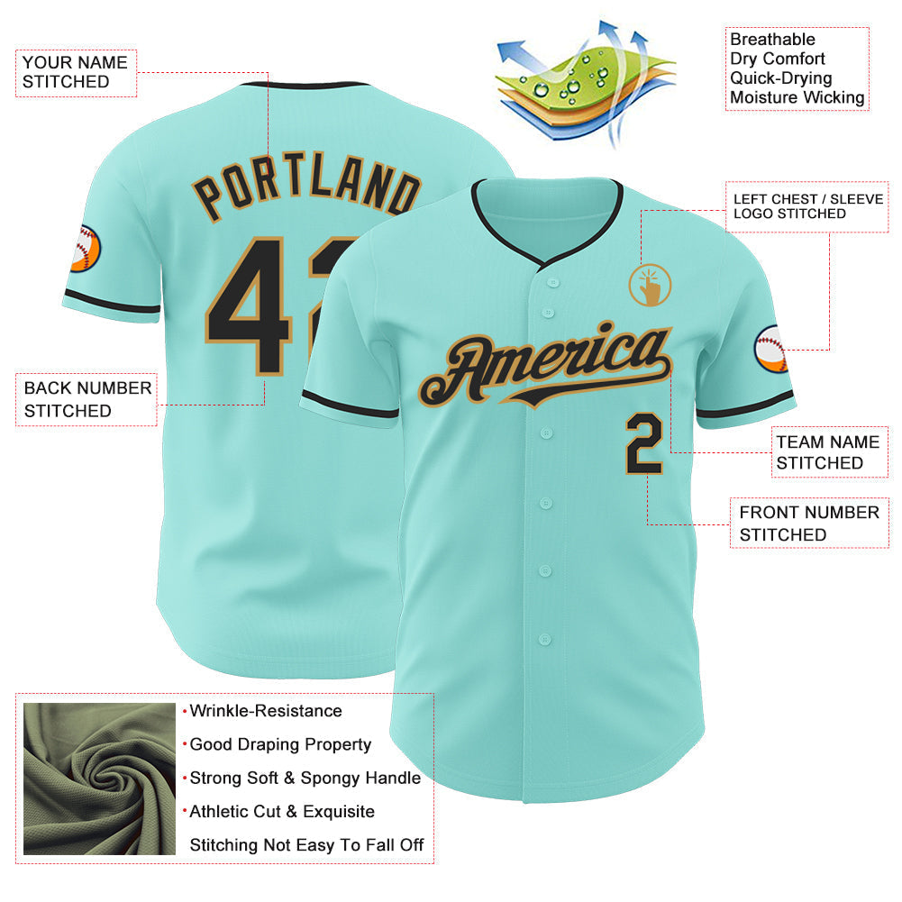 Custom Ice Blue Black-Old Gold Authentic Baseball Jersey baseball jersey product view 3