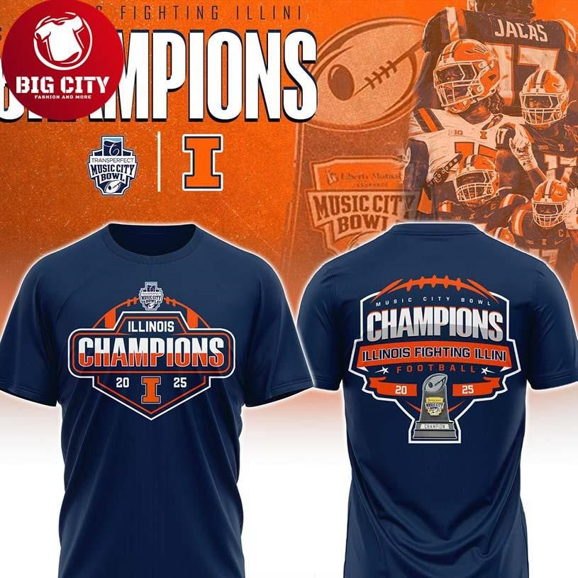 Illinois Fighting Illini Music City Bowl Champions 2025 Two Sided Shirt Unisex T-shirt, Sweatshirt, Hoodie, Long Sleeve Tee - T-Shirt, Sweatshirt, Hoodie