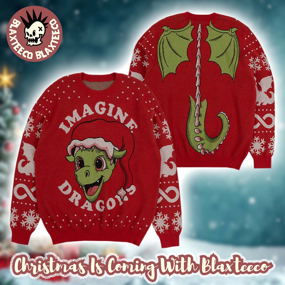 Imagine Dragon Holiday Dragon Jacquard With Santa Hat Knitted Red Ugly Christmas Sweater Unisex T-shirt, Sweatshirt, Hoodie, Long Sleeve Tee - T-Shirt, Sweatshirt, Hoodie
