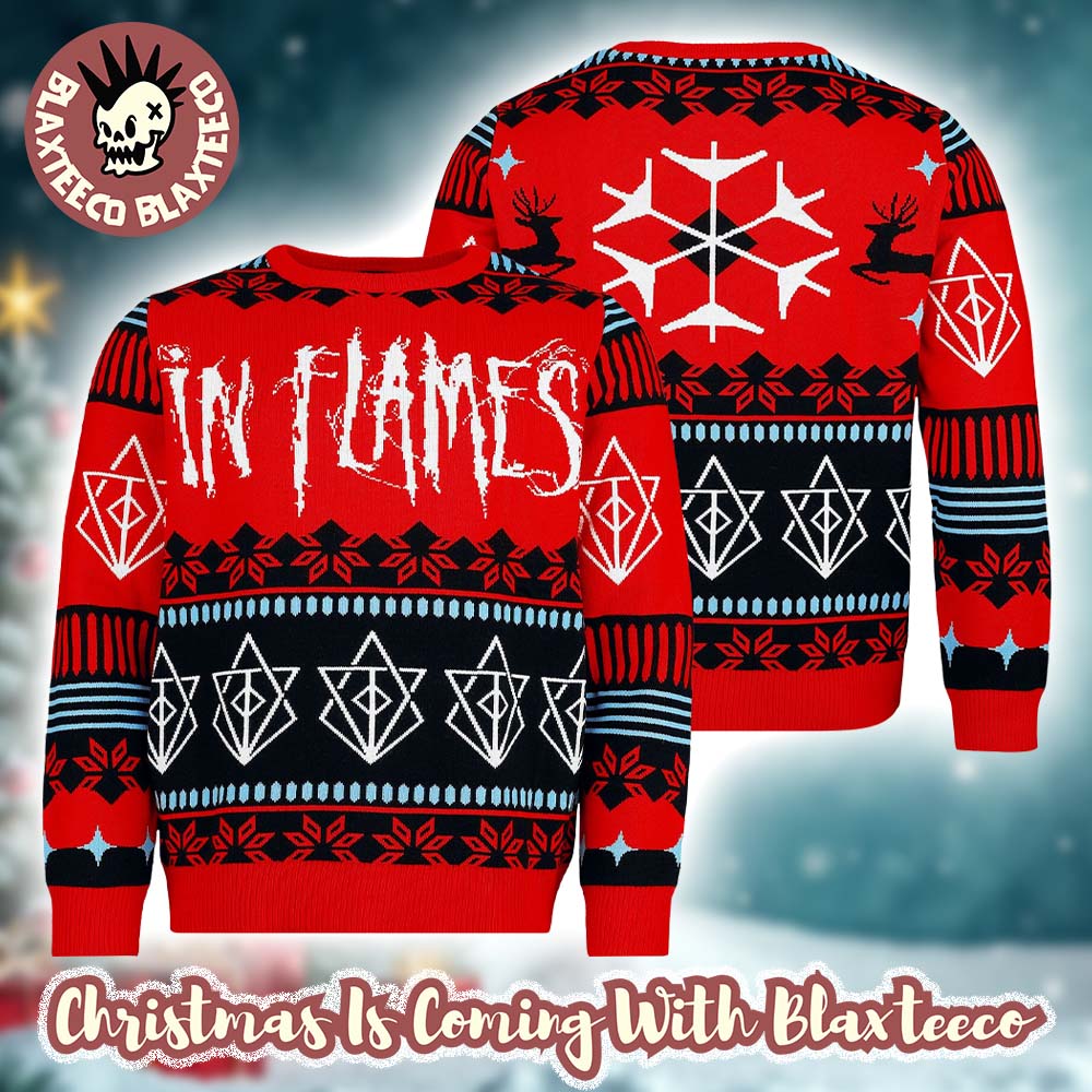In Flames Big Logo With Snowflakes Pattern 2025 Knitted Red Holiday Sweater Christmas Jumper - T-Shirt, Sweatshirt, Hoodie