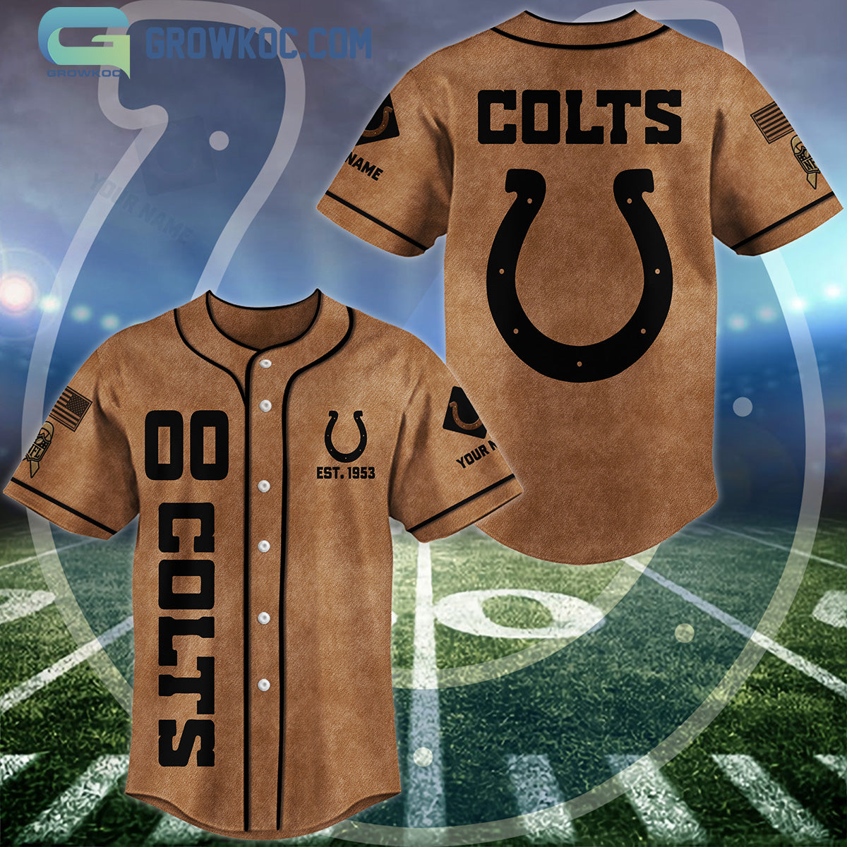 Indianapolis Colts Brown American Flag Personalized Baseball Jersey baseball jersey product view 1