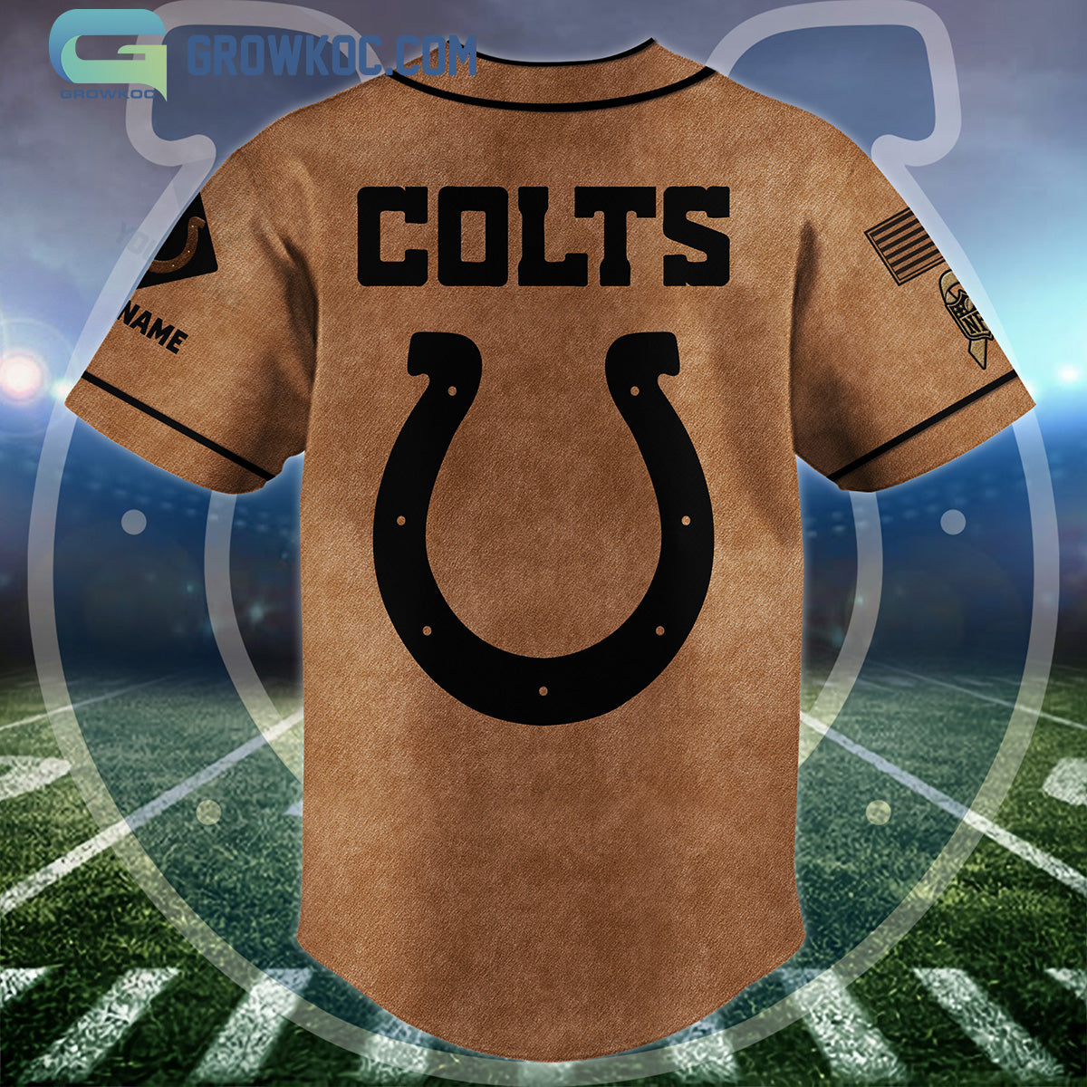 Indianapolis Colts Brown American Flag Personalized Baseball Jersey baseball jersey product view 2
