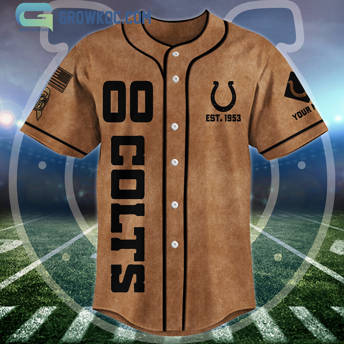 Indianapolis Colts Brown American Flag Personalized Baseball Jersey baseball jersey product view 3