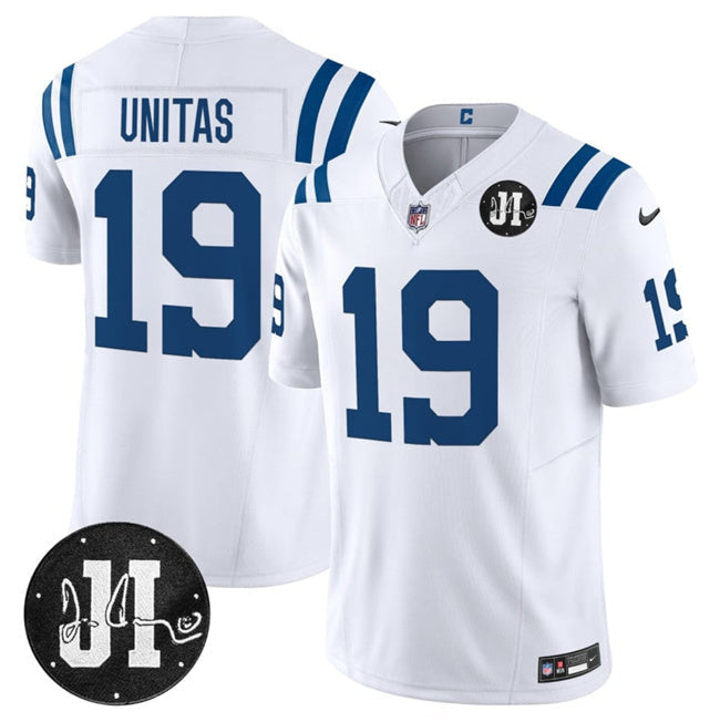 Indianapolis Colts #19 Johnny Unitas White 2025 F.U.S.E. Jim Irsay Patch Vapor Football Jersey football jersey product view 1