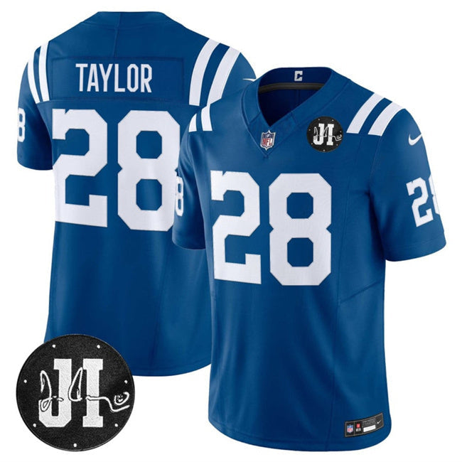 Indianapolis Colts #28 Jonathan Taylor Blue 2025 F.U.S.E. Jim Irsay Patch Vapor Football Jersey football jersey product view 1