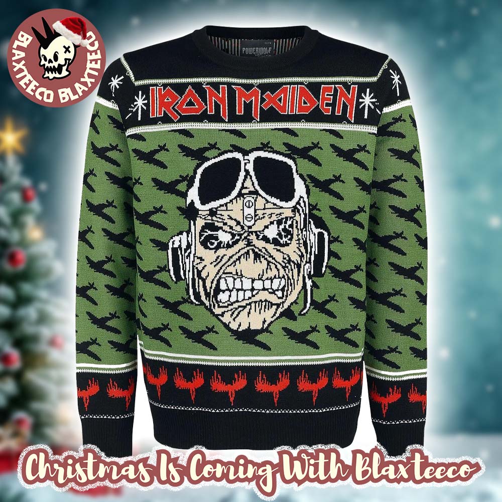 Iron Maiden A Matter of Life and Death Pilot Eddie With Airplane Pattern Ugly Christmas Sweater - T-Shirt, Sweatshirt, Hoodie