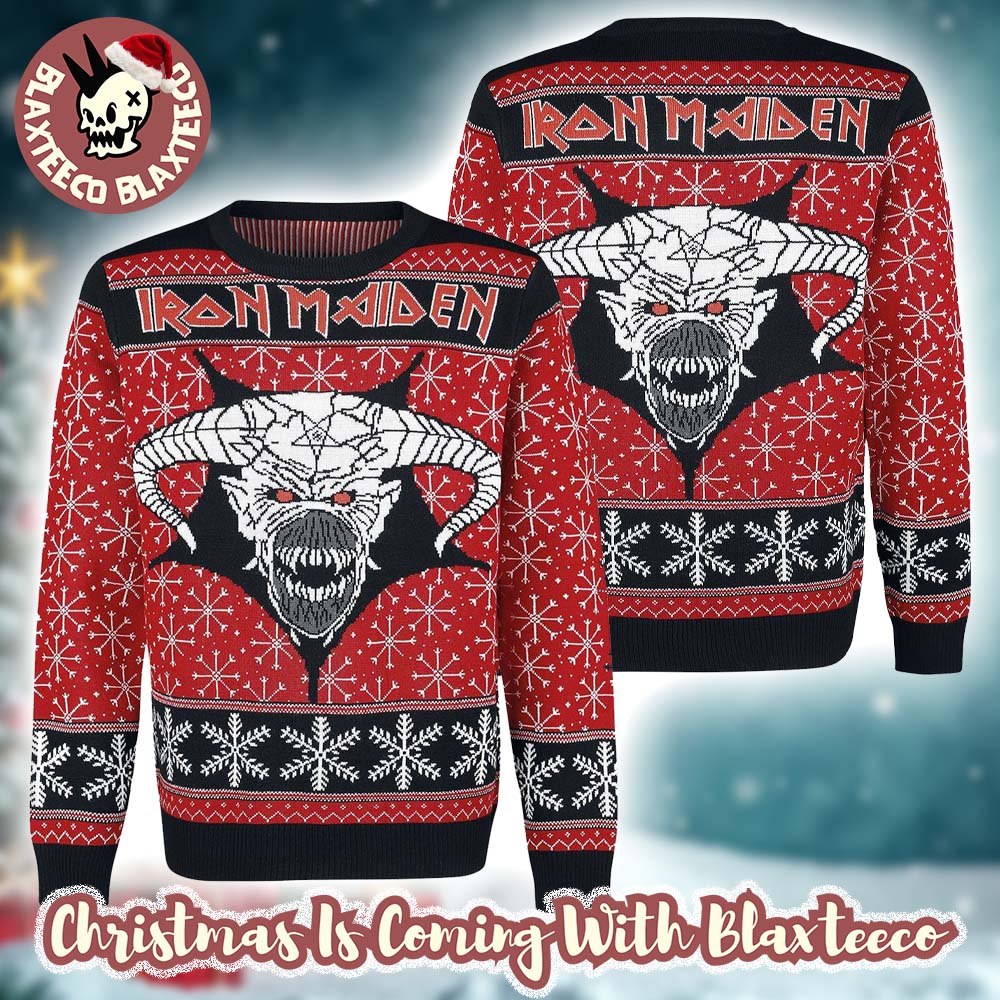 Iron Maiden Eddie Satan Head With Snowflakes Pattern Knitted Holiday Red Ugly Christmas Sweater - T-Shirt, Sweatshirt, Hoodie