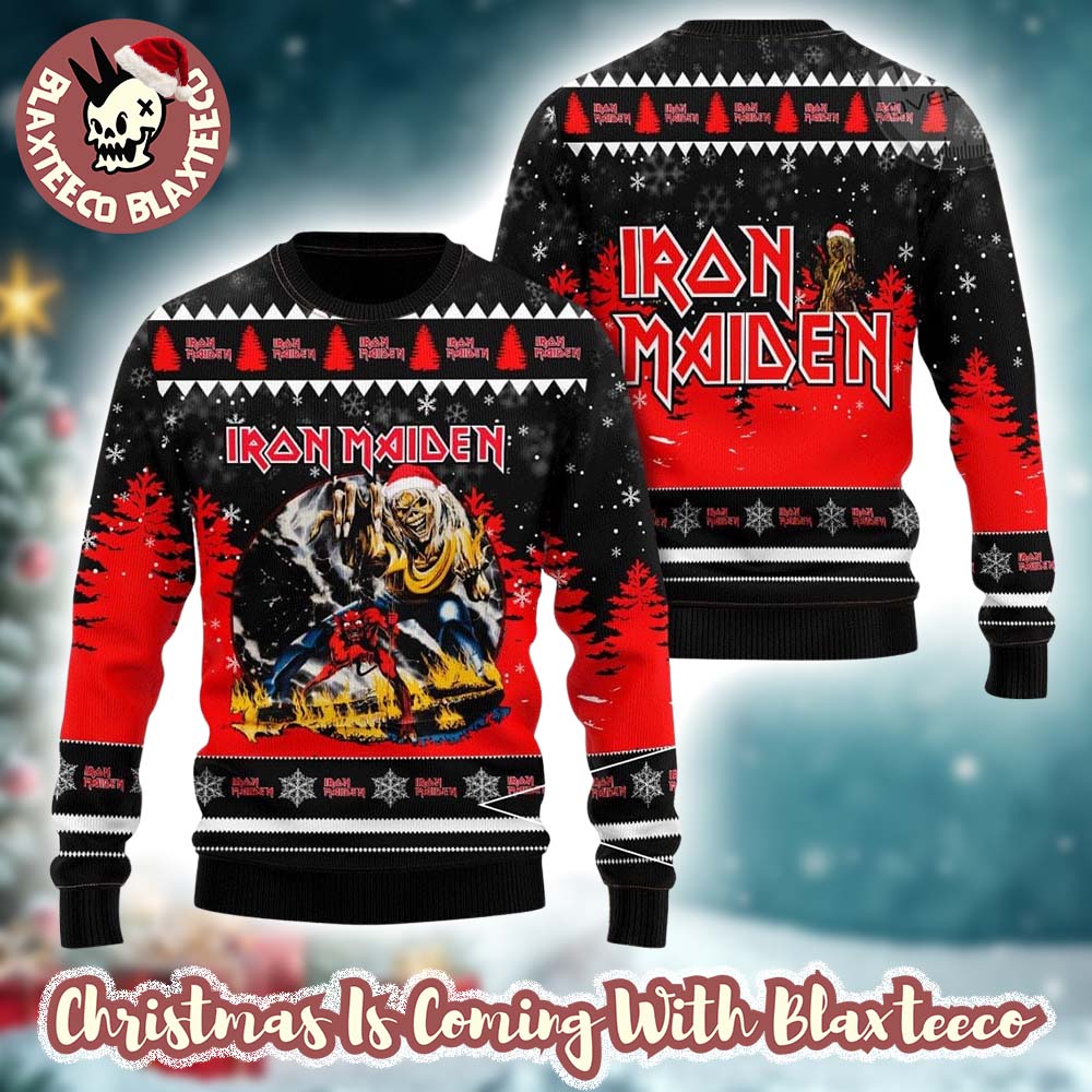 Iron Maiden Eddie The Number Of the Beast With Santa Hat Into The Snowy Night Signature Knitted Ugly Christmas Sweater - T-Shirt, Sweatshirt, Hoodie