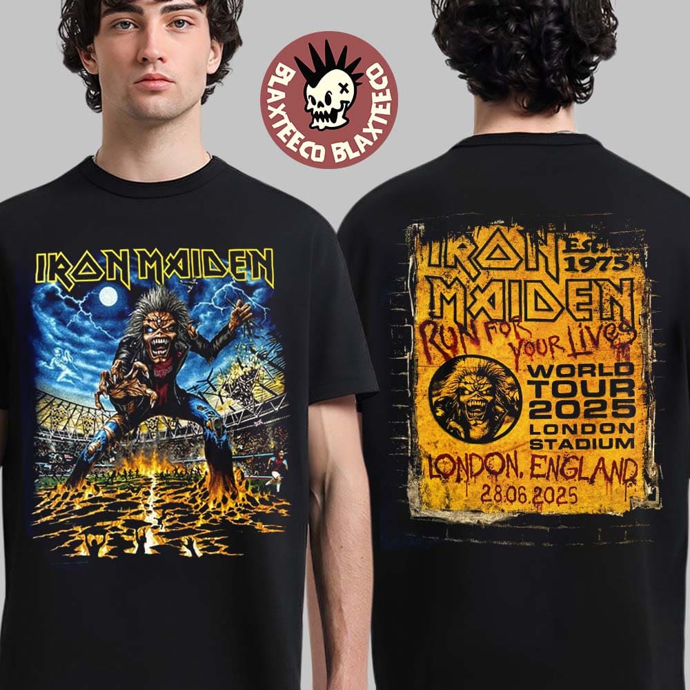 Iron Maiden London England Run For Your Lives World Tour 2025 Exclusive Event Tee At London Stadium On June 28 2025 Two Sided T-Shirt - T-Shirt, Sweatshirt, Hoodie