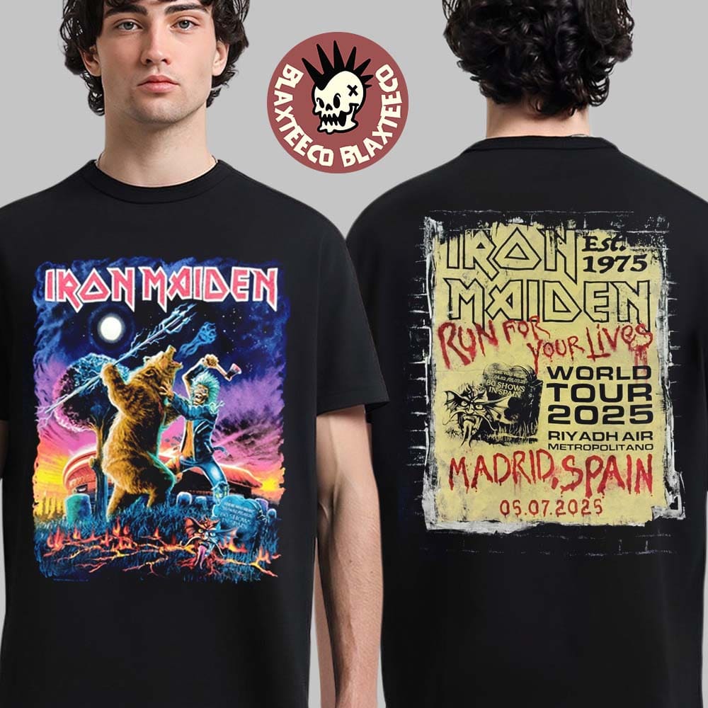 Iron Maiden Madrid Spain Run For Your Lives World Tour 2025 Exclusive Event Tee At Riyadh Air Metropolitano On July 5 2025 Eddie Vs Bear Two Sided T-Shirt - T-Shirt, Sweatshirt, Hoodie