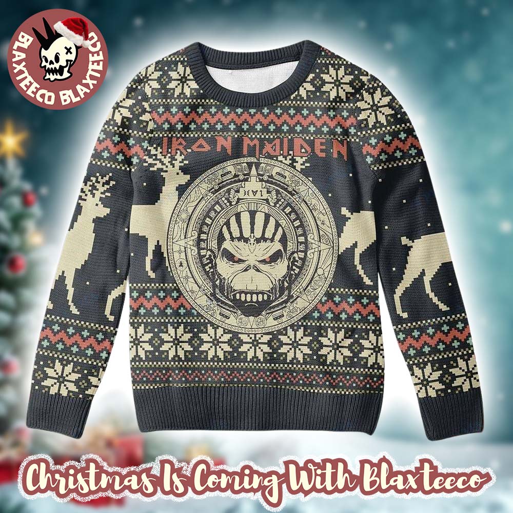 Iron Maiden Mayan Eddie Reindeer Pattern Xmas Gift Holiday 2025 Ugly Christmas Sweater Unisex T-shirt, Sweatshirt, Hoodie, Long Sleeve Tee - T-Shirt, Sweatshirt, Hoodie