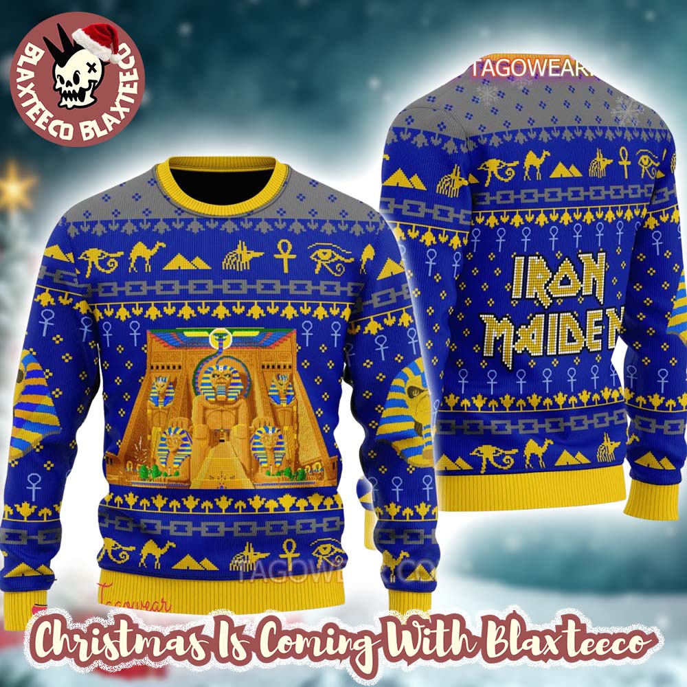Iron Maiden Powerslave Album Cover Pixel Style With Egypt Symbols Pattern Pharaoh Eddie Knitted Ugly Christmas Sweater - T-Shirt, Sweatshirt, Hoodie