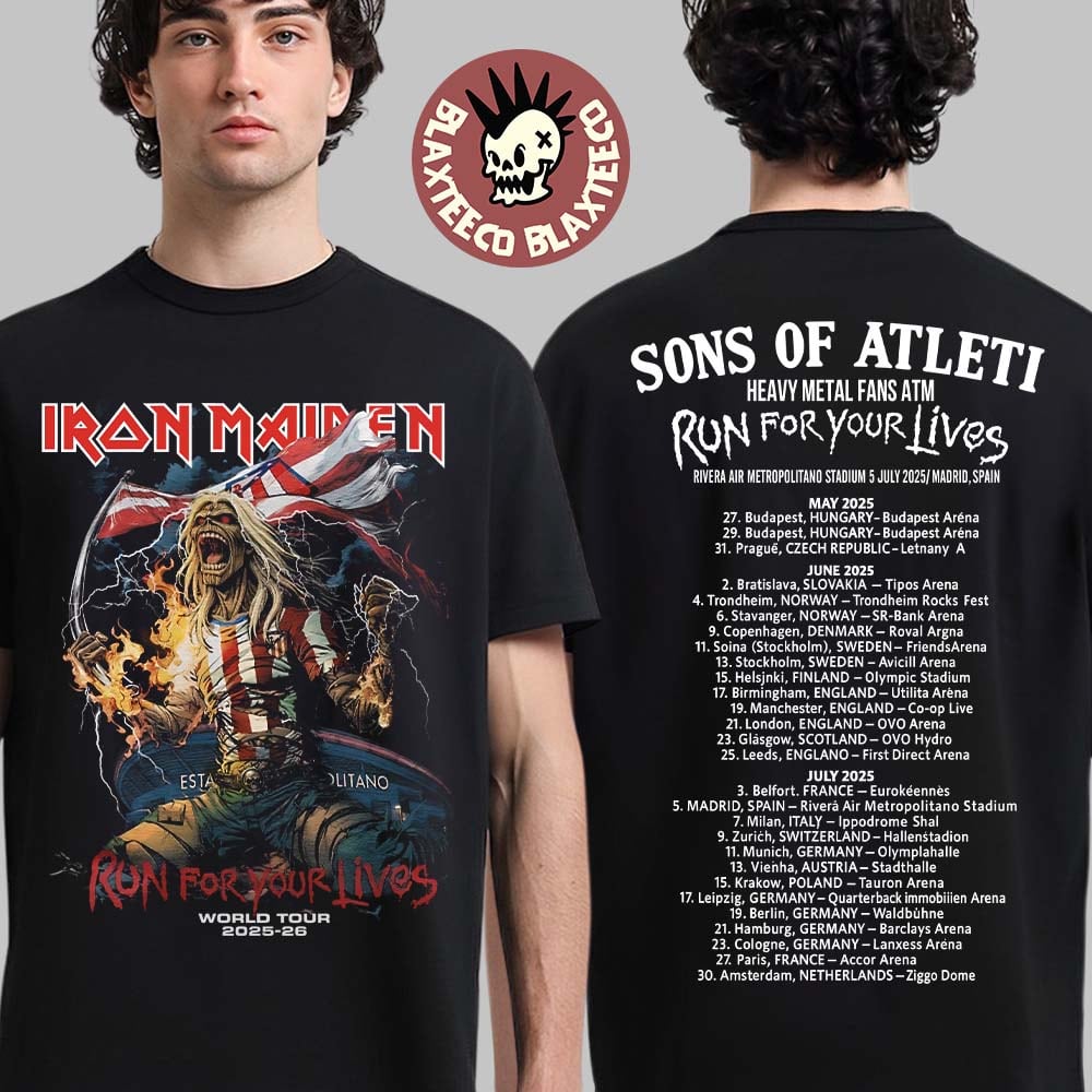 Iron Maiden Run For Your Lives World Tour 2025 2026 Sons Of Atleti Heavy Metal Fans ATM Eddie Atletico de Madrid Two Sided T-Shirt - T-Shirt, Sweatshirt, Hoodie