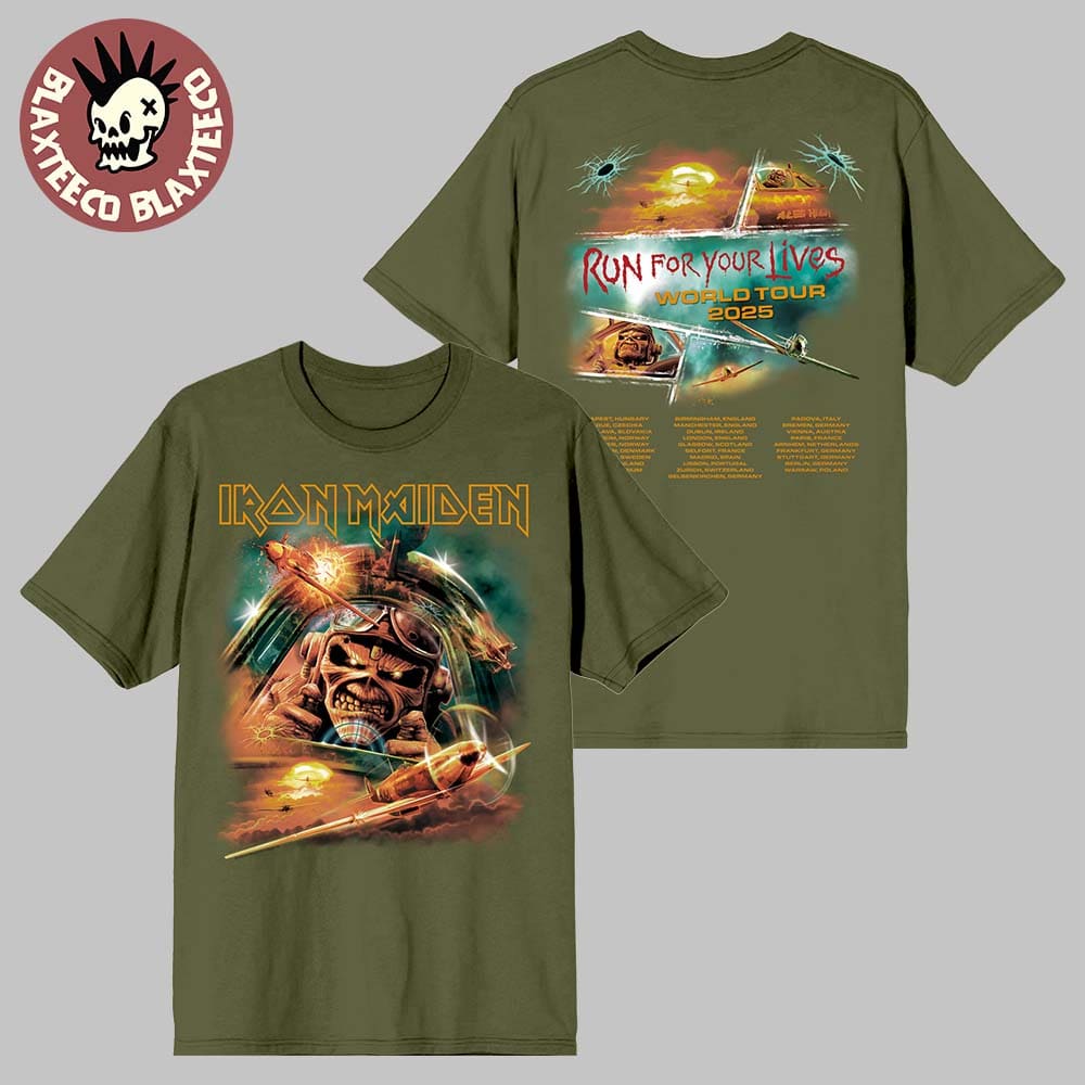Iron Maiden Run For Your Lives World Tour 2025 Aces High Death Defying Eddie Two Sided Green T-Shirt - T-Shirt, Sweatshirt, Hoodie