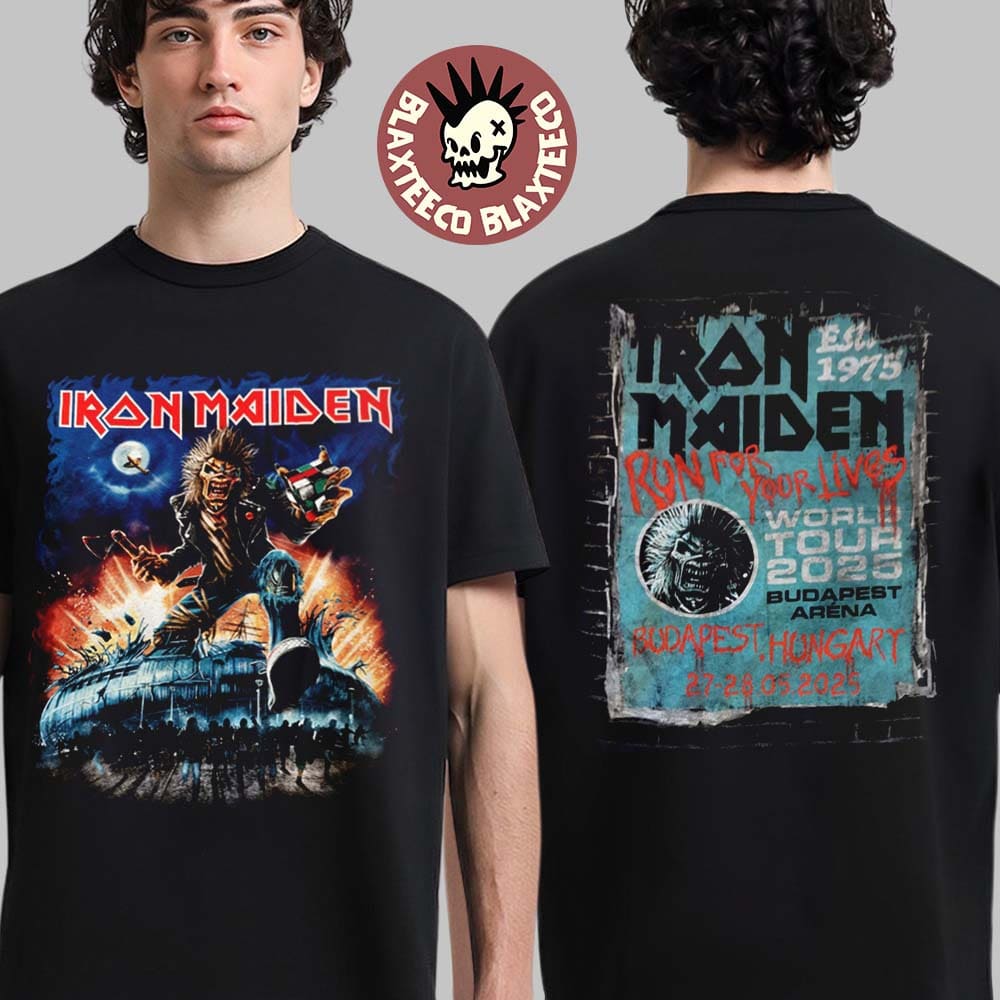 Iron Maiden Run For Your Lives World Tour 2025 Budapest Merch Tee In Hungary At Budapest Arena On May 27 28 2025 Eddie With His Axe And Rubbic Two Sided Unisex T-Shirt - T-Shirt, Sweatshirt, Hoodie