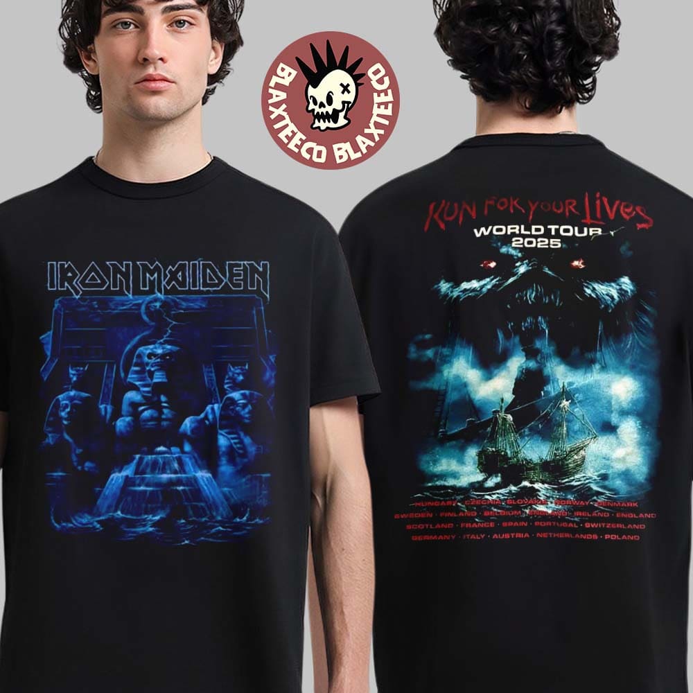 Iron Maiden Run For Your Lives World Tour 2025 Merch Tee Tour Schedule Powerslave Two Sided Unisex T-Shirt - T-Shirt, Sweatshirt, Hoodie