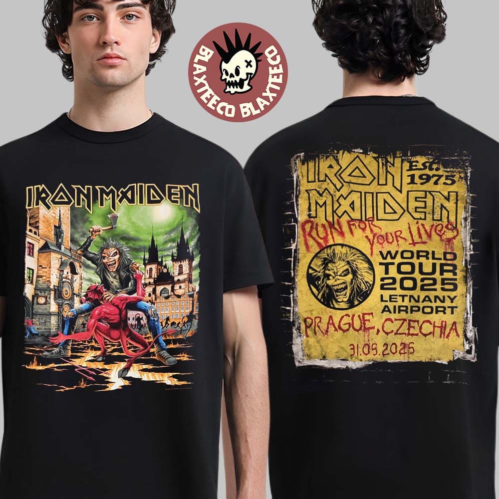 Iron Maiden Run For Your Lives World Tour 2025 Prague Venue Tee In Czechia At Letnany Airport On May 31 2025 Eddie Vs Devil Two Sided Unisex T-Shirt - T-Shirt, Sweatshirt, Hoodie