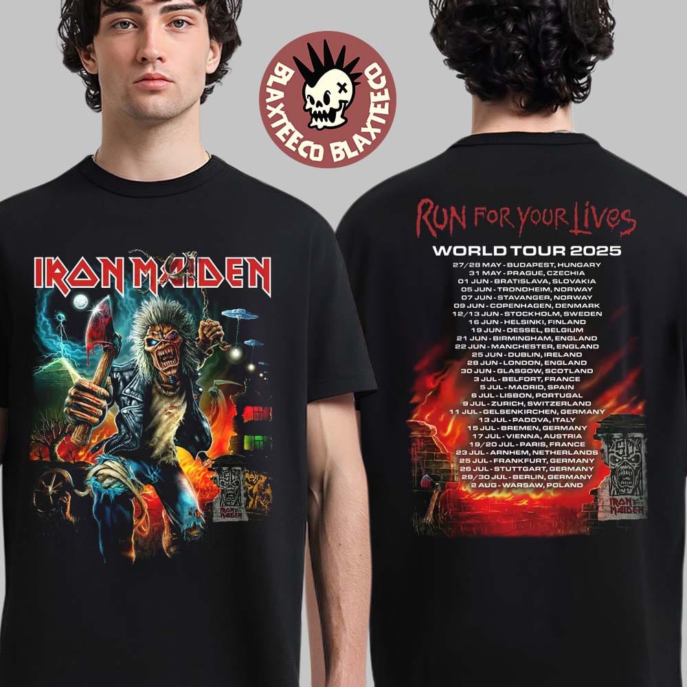 Iron Maiden Run For Your Lives World Tour 2025 Tee Europe Tour Dates Two Sided Unisex T-Shirt - T-Shirt, Sweatshirt, Hoodie