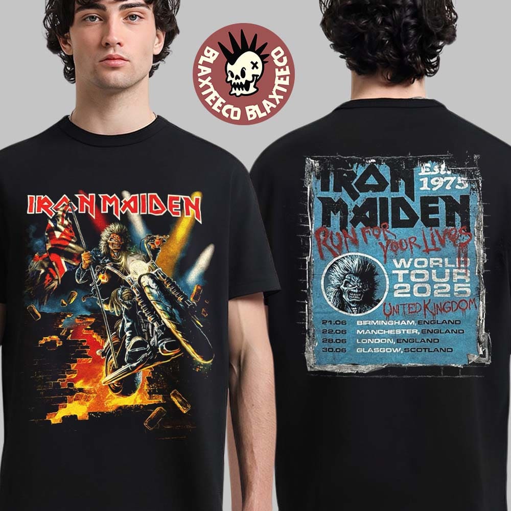 Iron Maiden Run For Your Lives World Tour 2025 United Kingdom Event Tee Tour Dates Biker Eddie Breaks Through the Wall Two Sided Unisex T-Shirt - T-Shirt, Sweatshirt, Hoodie