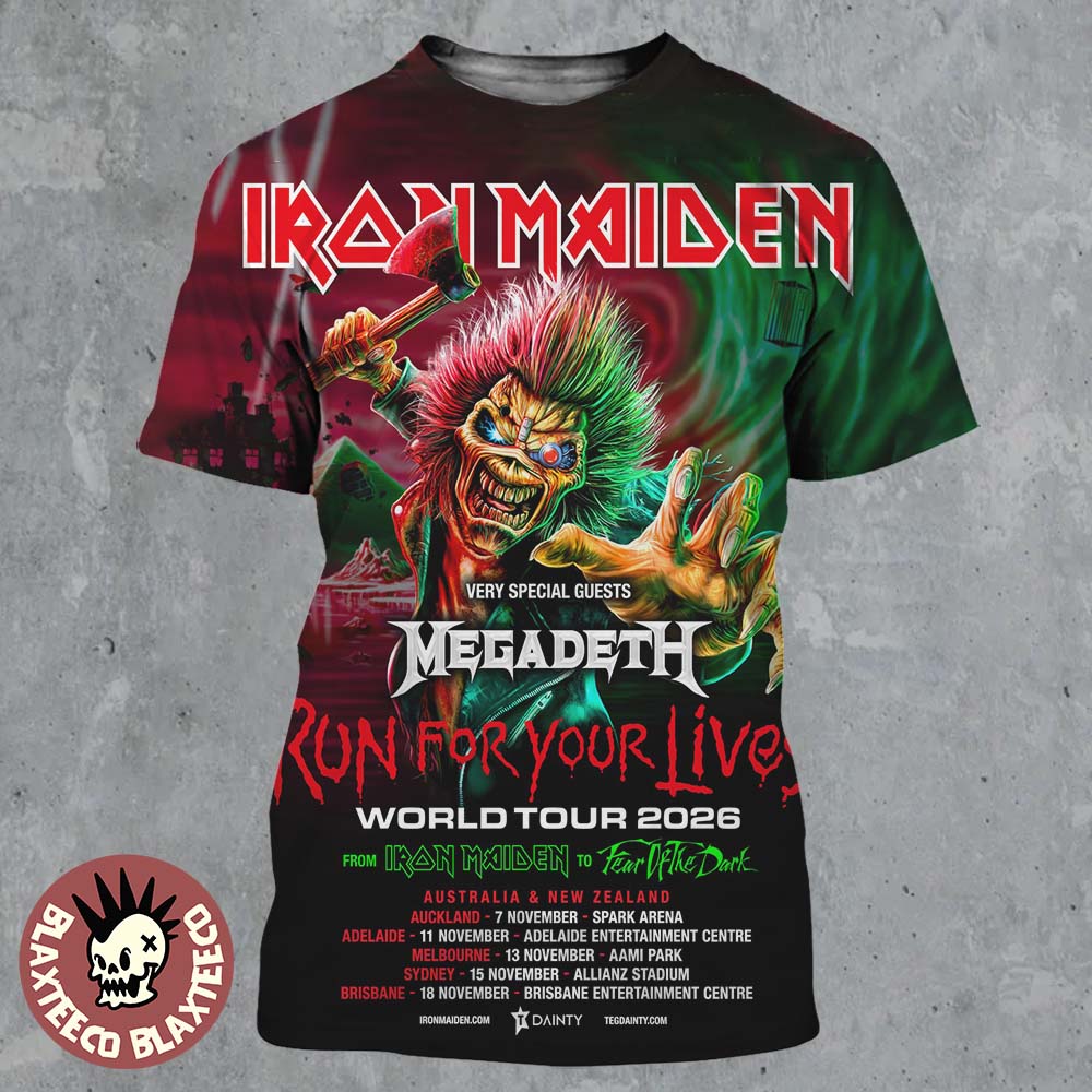 Iron Maiden Run For Your Lives World Tour 2026 Australia And New Zealand With Megadeth Schedule Dates All Over Print Shirt - T-Shirt, Sweatshirt, Hoodie