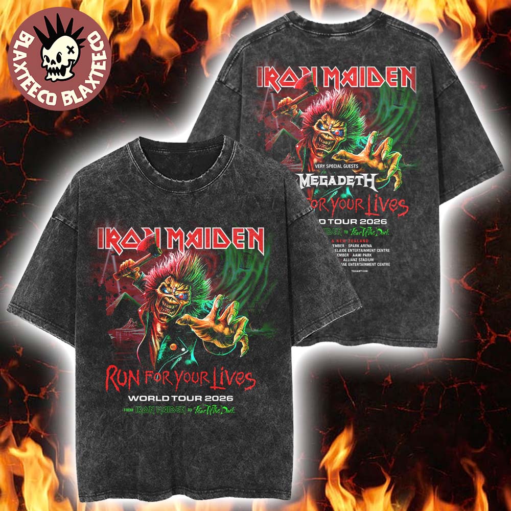 Iron Maiden Run For Your Lives World Tour 2026 Australia And New Zealand With Megadeth Schedule Dates Retro Wash Tee - T-Shirt, Sweatshirt, Hoodie