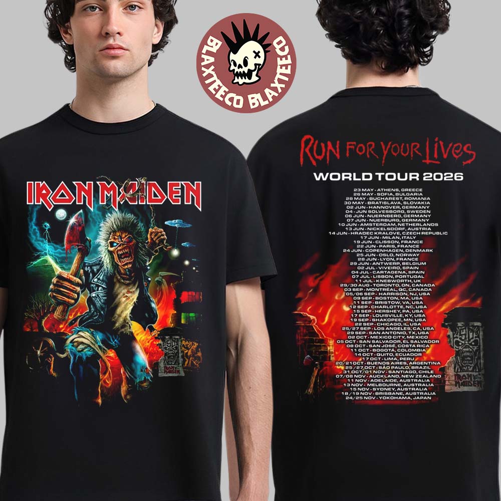 Iron Maiden Run For Your Lives World Tour 2026 Merch Eddie With Axe Two Sided T-Shirt Unisex T-shirt, Sweatshirt, Hoodie, Long Sleeve Tee - T-Shirt, Sweatshirt, Hoodie