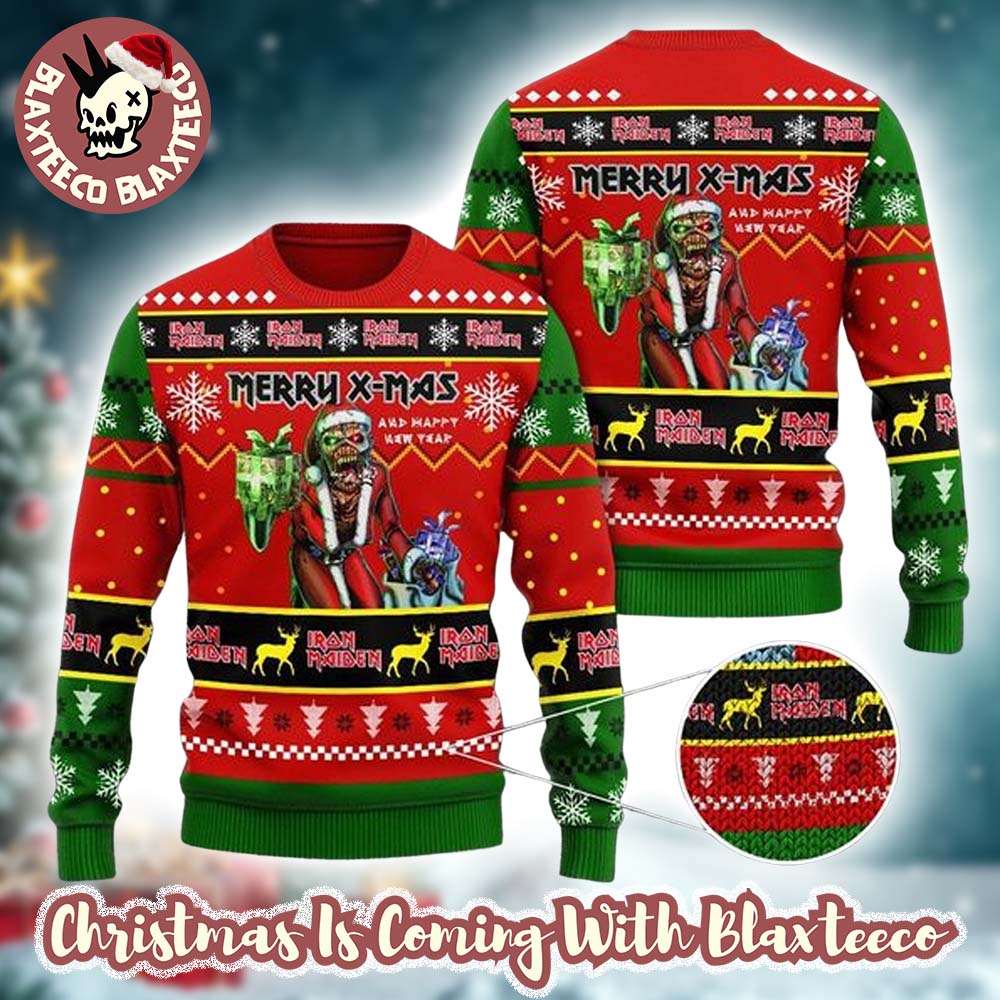 Iron Maiden Santa Eddie Merry Xmas And Happy New Year 2025 Holiday Gift Knitted Ugly Christmas Sweater - T-Shirt, Sweatshirt, Hoodie