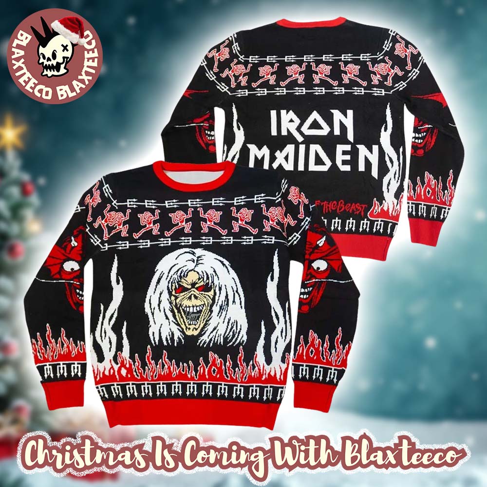 Iron Maiden The Number Of The Beast Eddie And Devil Ugly Christmas Sweater Unisex T-shirt, Sweatshirt, Hoodie, Long Sleeve Tee - T-Shirt, Sweatshirt, Hoodie