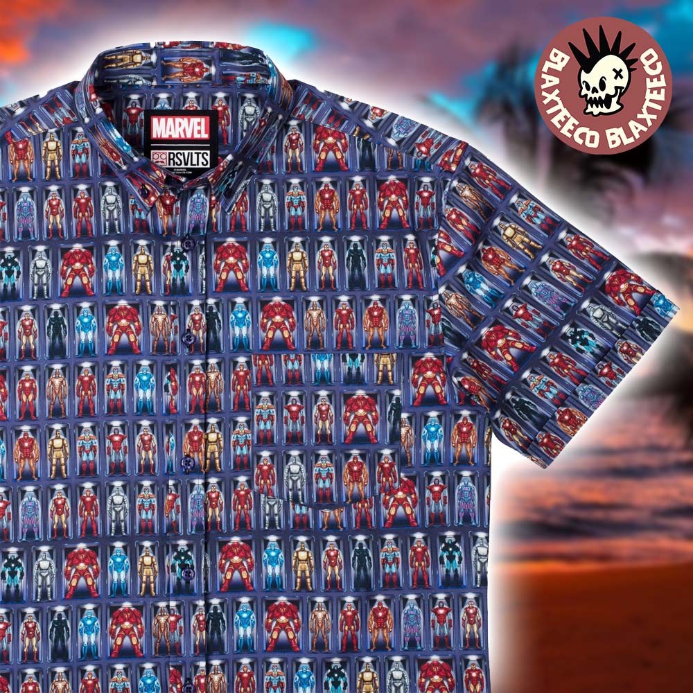 Iron Man RSVLTS Hall Of Armor Button Short Sleeve Hawaiian Shirt Unisex T-shirt, Sweatshirt, Hoodie, Long Sleeve Tee - T-Shirt, Sweatshirt, Hoodie