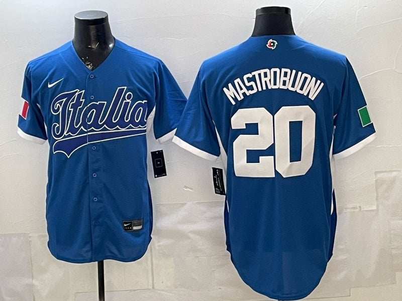 Italy Baseball #20 Mastrobuoni Blue 2026 World Baseball Classic 26 World Cup Soccer Jersey baseball jersey product view 1