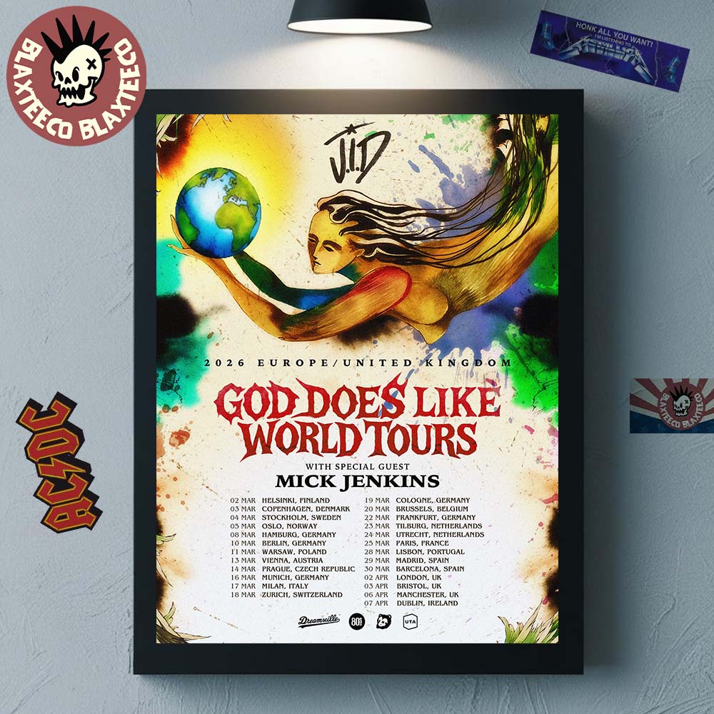 JID God Does Like World Tours 2026 Europe And UK Schedule Dates Decor Poster Canvas Unisex T-shirt, Sweatshirt, Hoodie, Long Sleeve Tee - T-Shirt, Sweatshirt, Hoodie