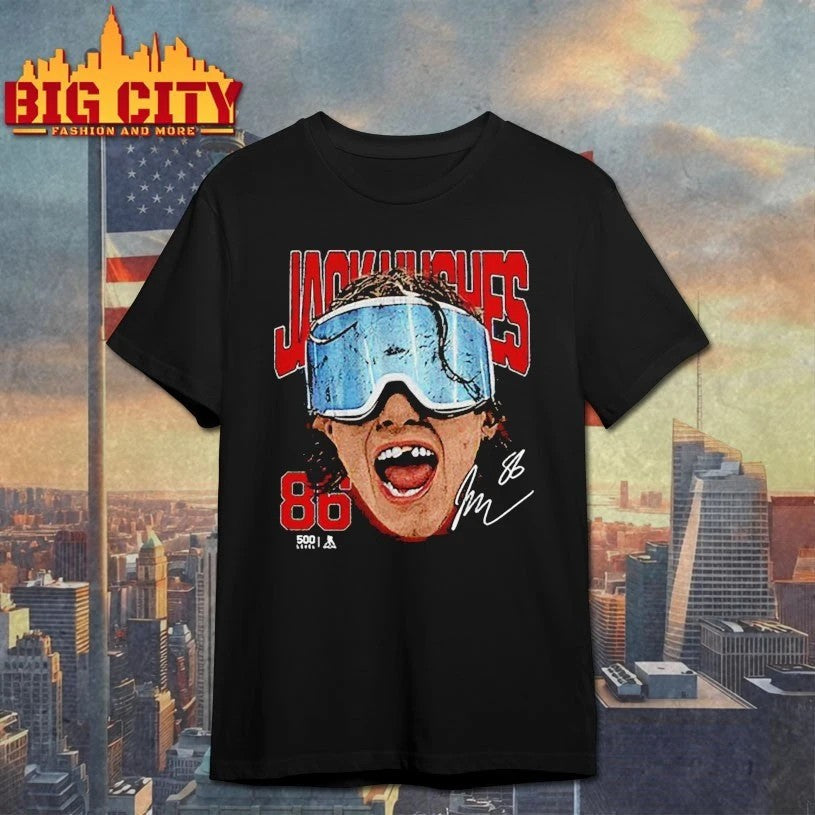 Jack Hughes New Jersey Goggles signature t-shirt sports jersey product view 1