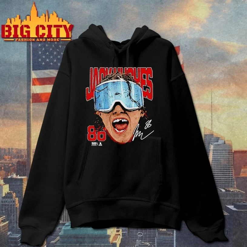 Jack Hughes New Jersey Goggles signature t-shirt sports jersey product view 2