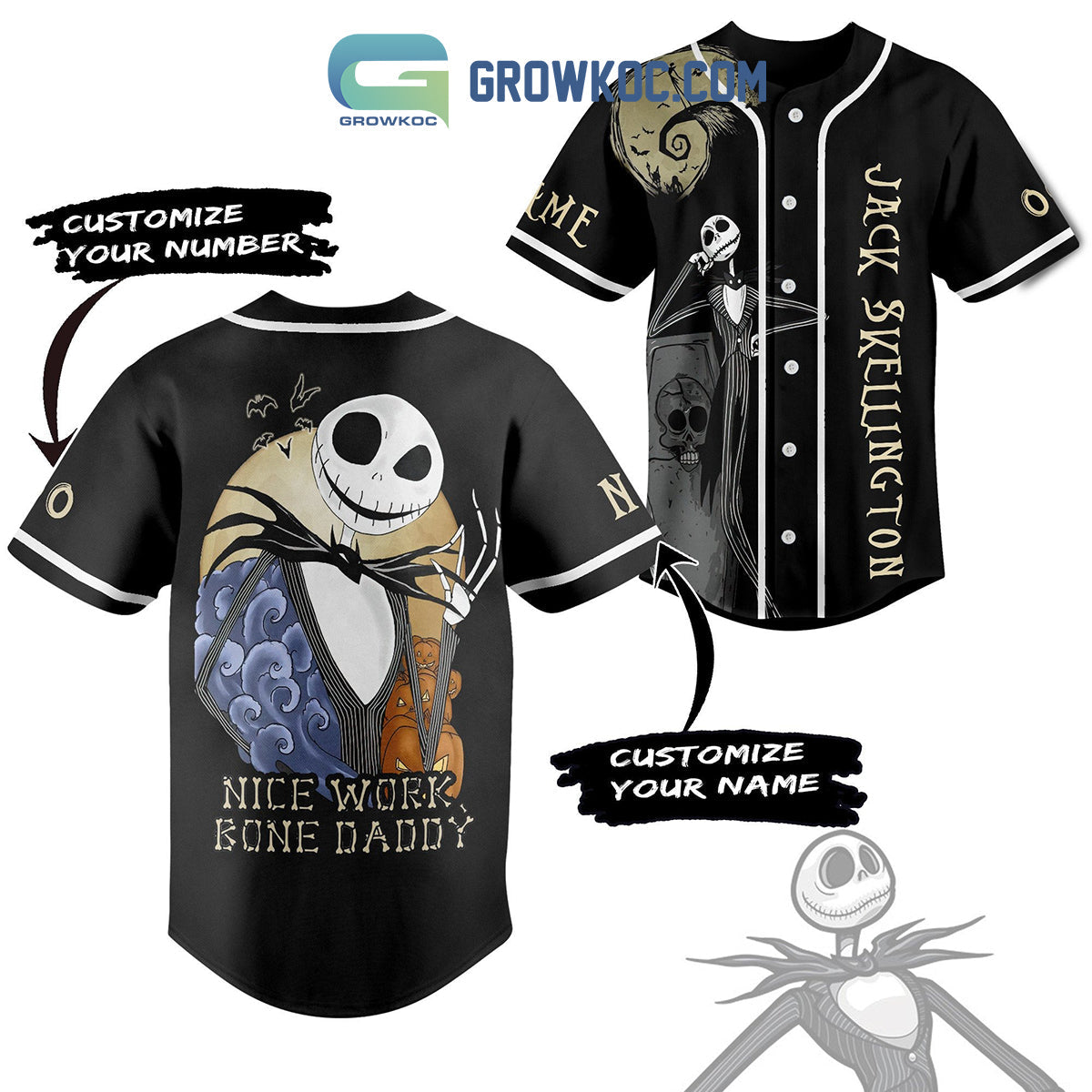 Jack Skellington Nice Work Bone Daddy Personalized Baseball Jersey baseball jersey product view 1