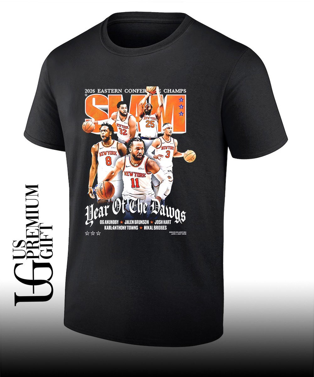 Jalen Brunson Josh Hart Karl-Anthony Towns Mikal Bridges New York 2026 Eastern Conference Champs celebrating basketball NBA Slam Year of the Dawgs graphic shirt - T-Shirt, Sweatshirt, Hoodie