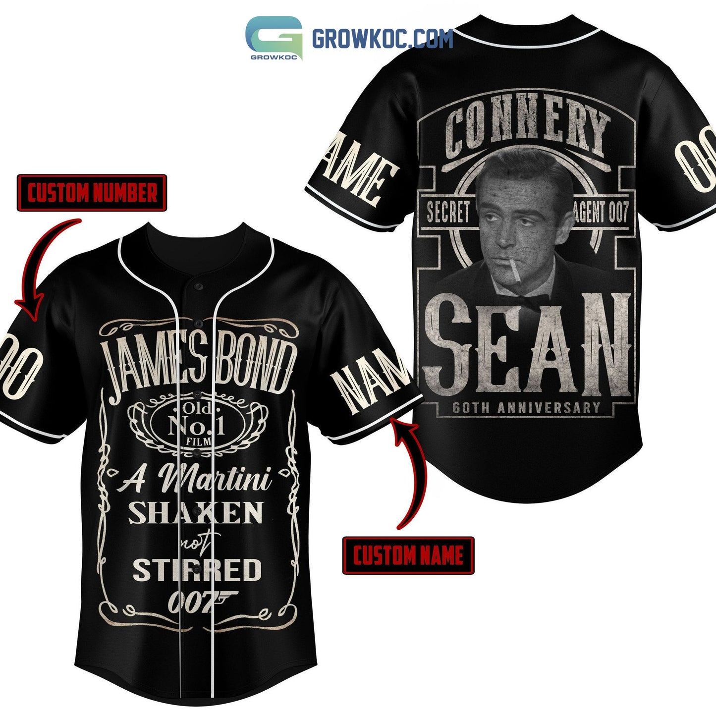James Bond Connery Sean Secret Agent 007 60th Anniversary Personalized Baseball Jersey baseball jersey product view 2