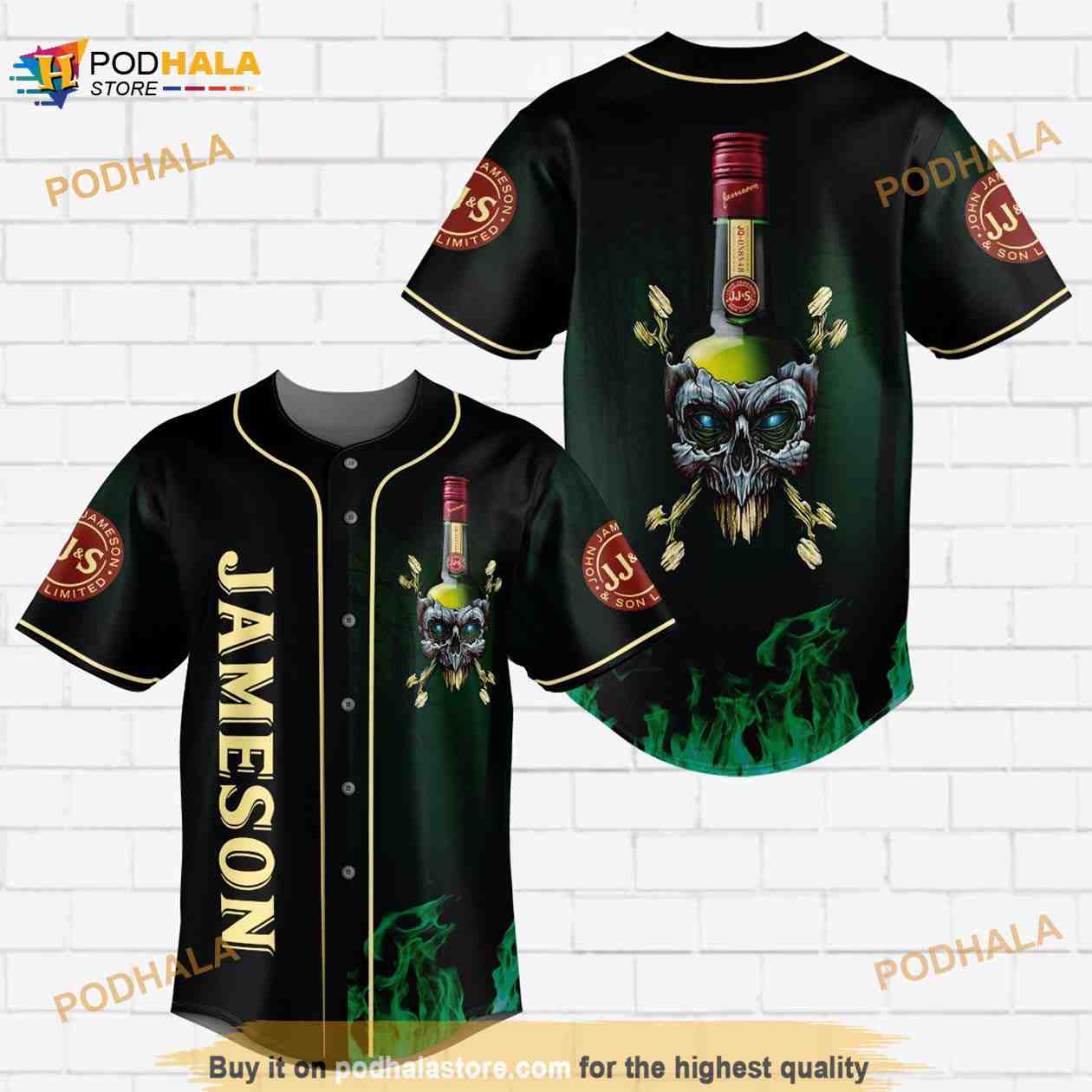 Jameson Irish Whiskey Flowery Skull All Over Print Unisex 3D Baseball Jersey – Ombre Black Green baseball jersey product view 1