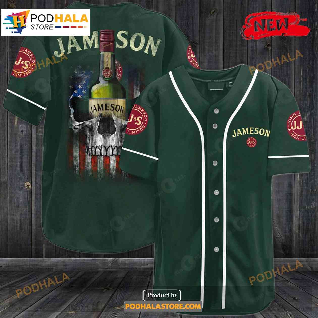 Jameson Irish Whiskey Usa Flag Skull All Over Print 3d Dark Green Baseball Jersey baseball jersey product view 1