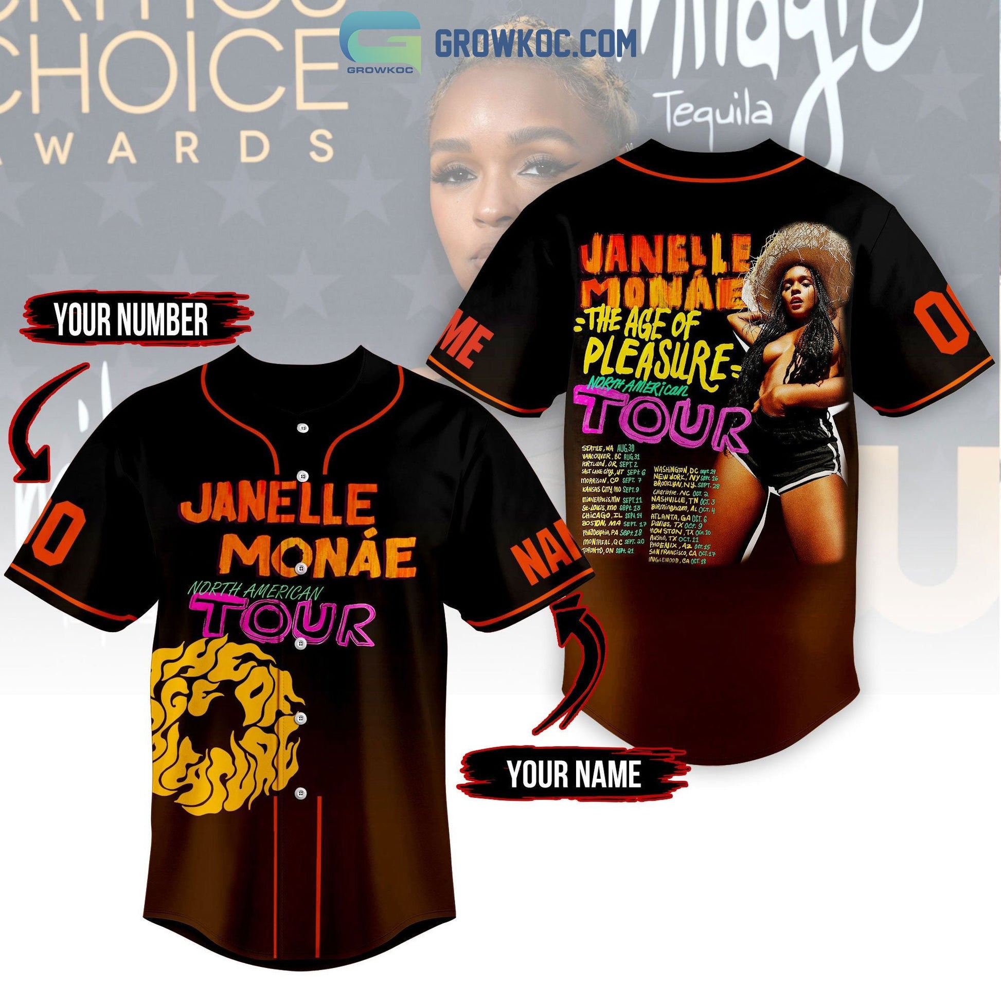 Janelle Monae The Age Of Pleasure North American Tour Personalized Baseball Jersey baseball jersey product view 1