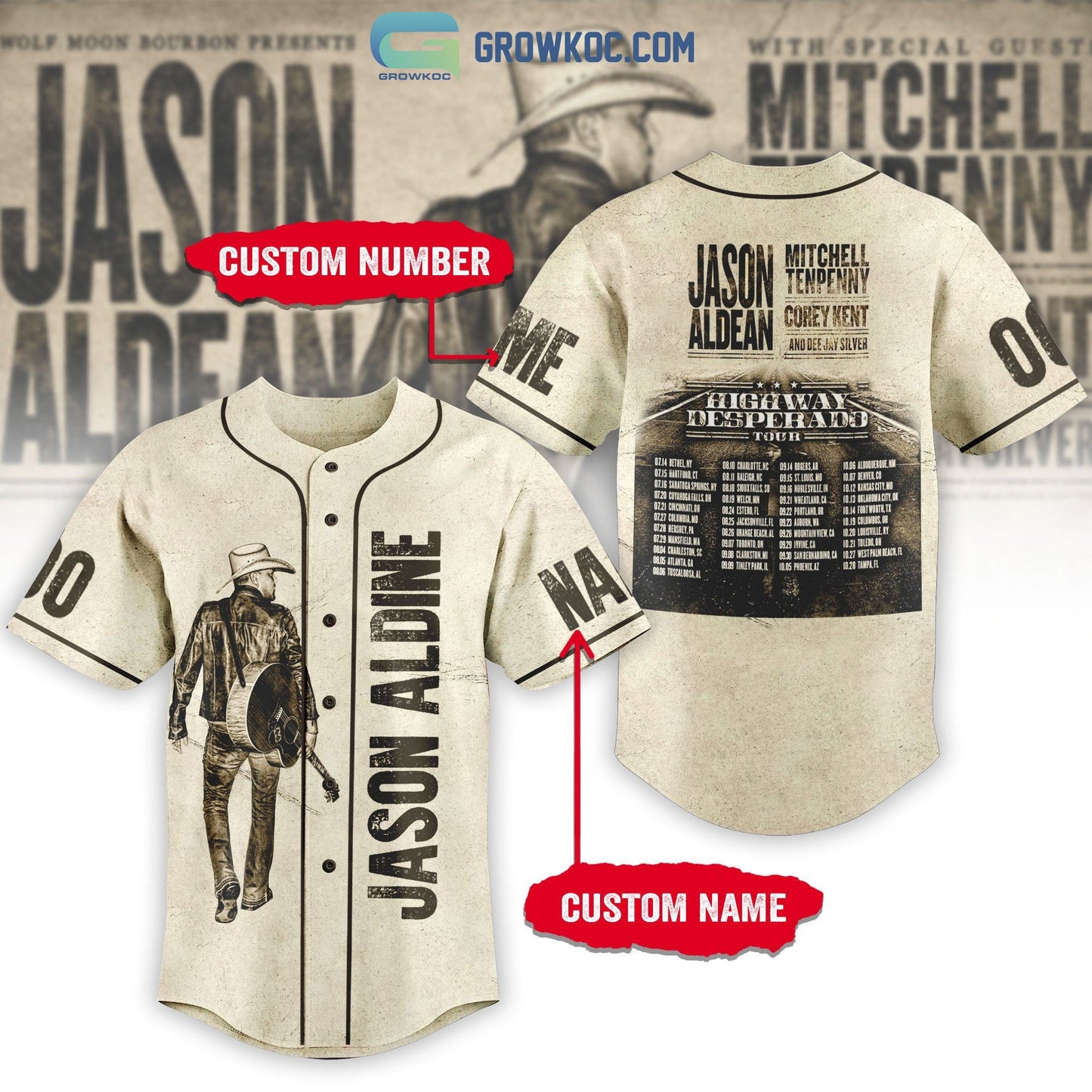 Jason Aldean Mitchell Tenpenny Highway Desperado Tour Personalized Baseball Jersey baseball jersey product view 1