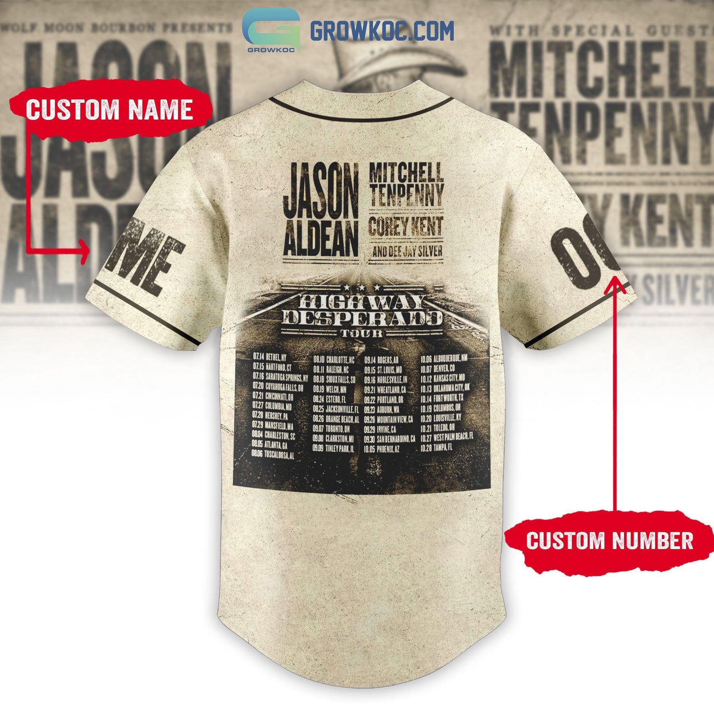 Jason Aldean Mitchell Tenpenny Highway Desperado Tour Personalized Baseball Jersey baseball jersey product view 3