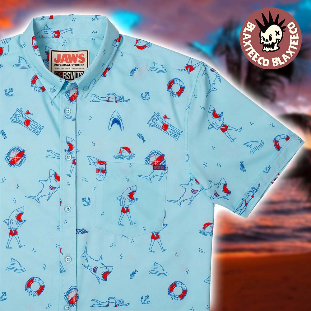 Jaws RSVLTS Amity Island Welcomes You Button Short Sleeve Hawaiian Shirt Unisex T-shirt, Sweatshirt, Hoodie, Long Sleeve Tee - T-Shirt, Sweatshirt, Hoodie