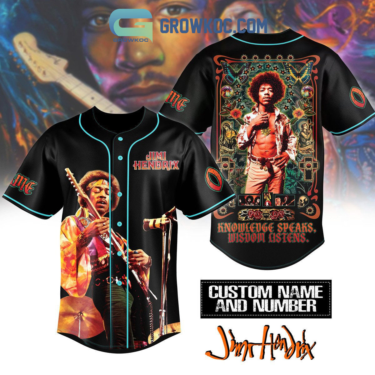 Jimi Hendrix Knowledge Speaks Wisdom Listens Personalized Baseball Jersey baseball jersey product view 1