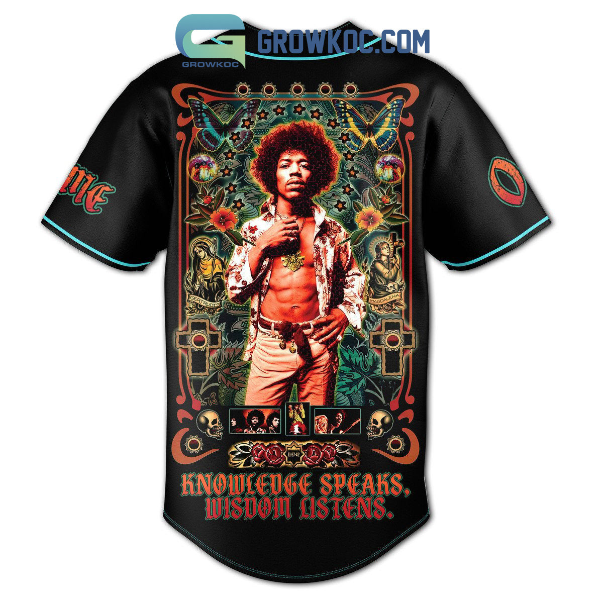 Jimi Hendrix Knowledge Speaks Wisdom Listens Personalized Baseball Jersey baseball jersey product view 3