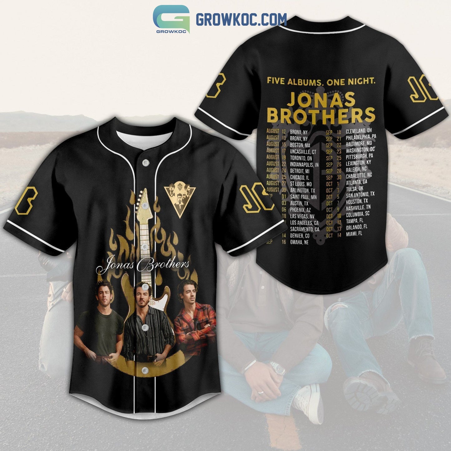 Jonas Brothers Five Albums One Night Black Design Baseball Jersey baseball jersey product view 1