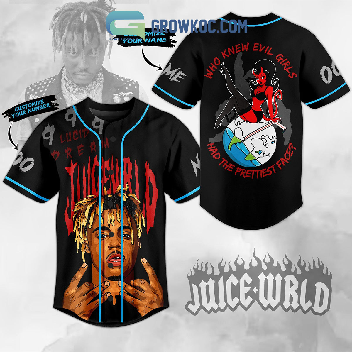 Juice WRLD Who Knew Evil Girls Had The Prettiest Face Personalized Baseball Jersey baseball jersey product view 1