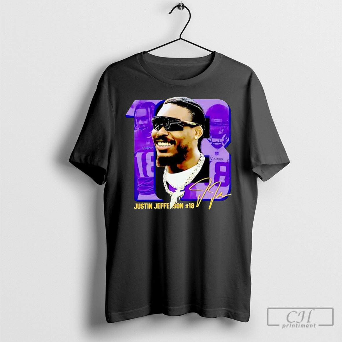 Justin Jefferson 18 Vikings Football Player Portrait Signature Shirt Tee Unisex T-shirt, Sweatshirt, Hoodie, Long Sleeve Tee - T-Shirt, Sweatshirt, Hoodie
