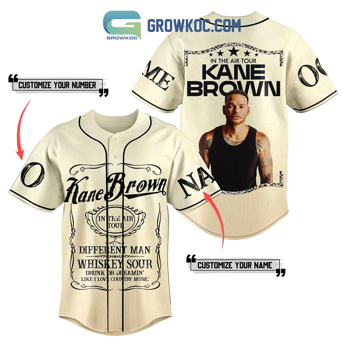 Kane Brown In The Air Tour Beige Personalized Baseball Jersey baseball jersey product view 1