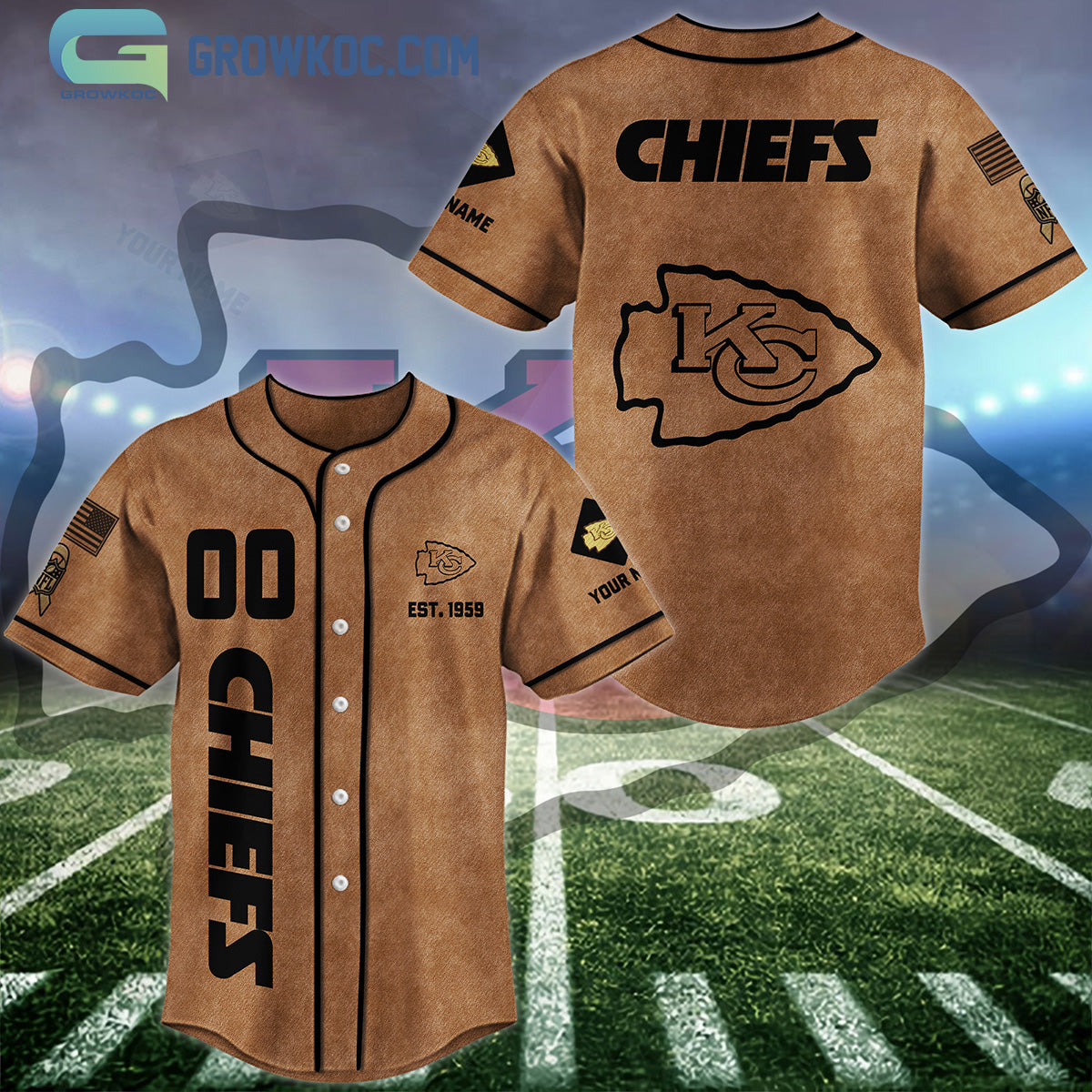 Kansas City Chiefs Brown American Flag Personalized Baseball Jersey baseball jersey product view 1