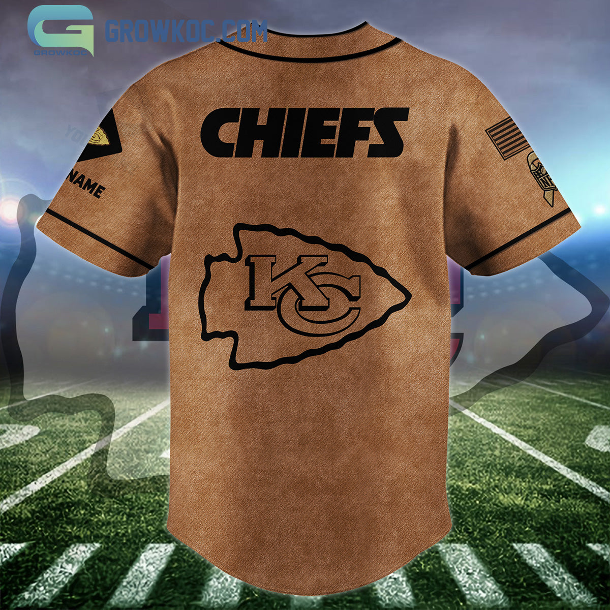 Kansas City Chiefs Brown American Flag Personalized Baseball Jersey baseball jersey product view 2